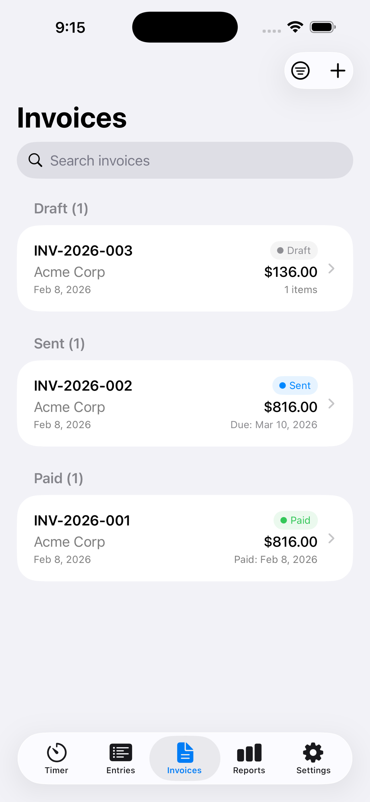 Billeo invoices list